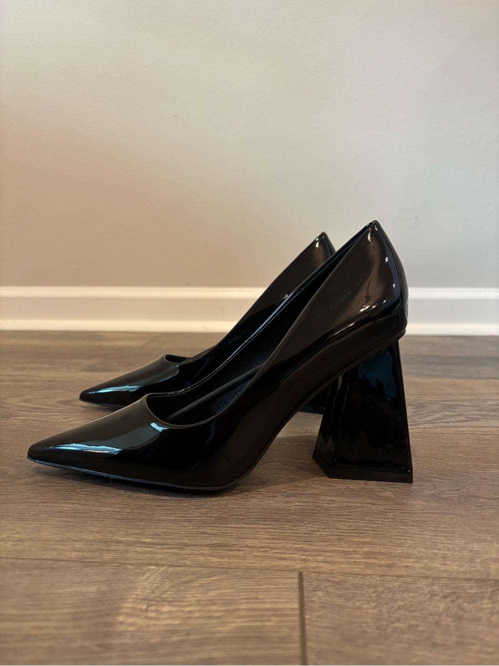 Black Patent Pointed Toe Geometric Block Heel Pumps